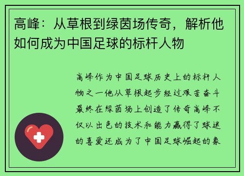 高峰：从草根到绿茵场传奇，解析他如何成为中国足球的标杆人物