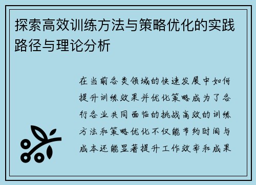 探索高效训练方法与策略优化的实践路径与理论分析