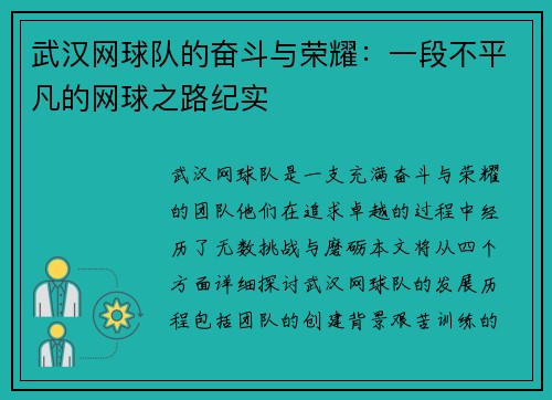 武汉网球队的奋斗与荣耀：一段不平凡的网球之路纪实