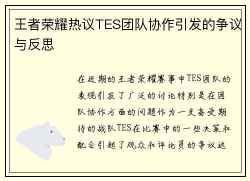 王者荣耀热议TES团队协作引发的争议与反思